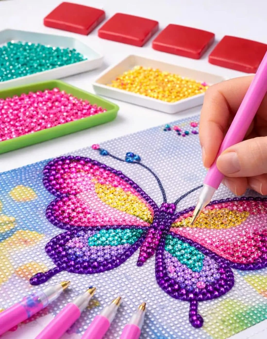 A hand placing gems onto a colourful diamond painting